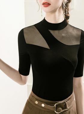 立领网纱拼接设计感夏恤五分袖中101212洋气女2023袖季新款打底衫