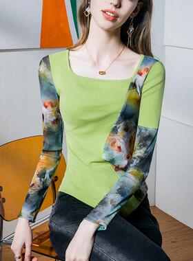 女复古印花网102032拼女接上衣修身2024春季新款设纱计感时尚装长