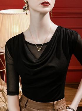 两件网纱上衣女五分袖袖修身假遮肉显瘦223秋0季新款中101507褶皱