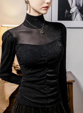 高亮丝网纱打底衫女泡泡袖202秋4冬新102676款褶拼皱接女装领上衣