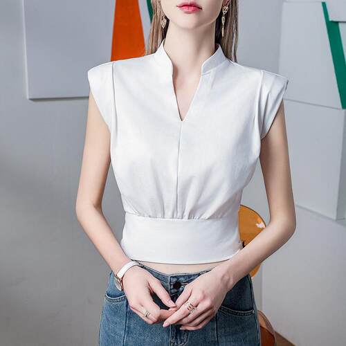角肩领恤女无修身短直102116袖2024夏季新袖款纯色甜辣风带肩垫背