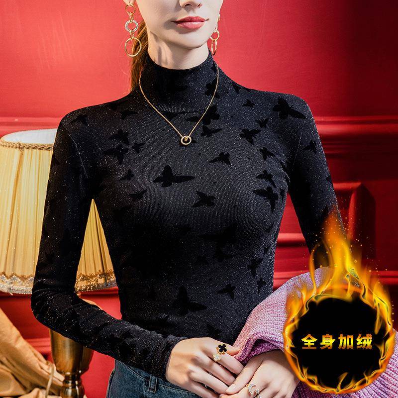 蝴蝶植绒立加保搭暖领蕾丝打底衫女亮丝202绒4冬季内洋气上103105