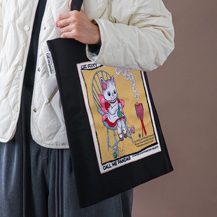 CALL ME PANDA 黑底复杂图案 帆布包 单肩包 大容量 学生包通勤包