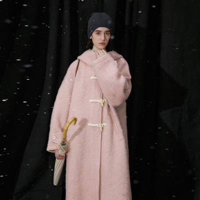 美莉诺羊毛 半圆女装[文艺]2025秋冬新粉色连帽夹棉呢大衣女外套