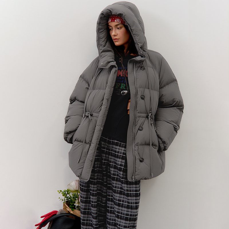 高密纤维肌理感面料 半圆女装[复古]2025冬季带帽收腰羽绒服女