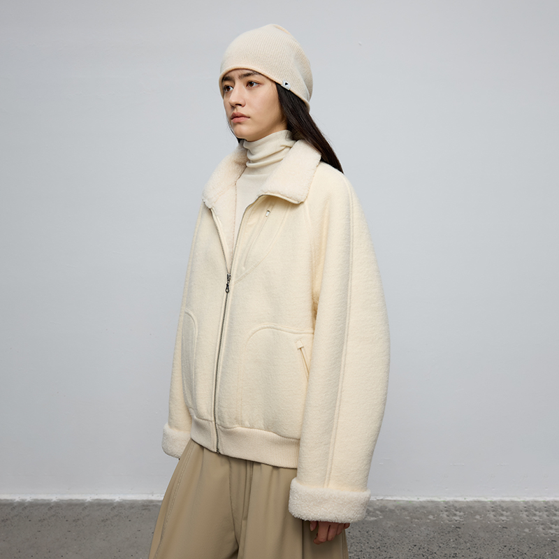 羊毛混纺 半圆原创女装[复古]2025秋季宽松休闲立领毛呢外套女