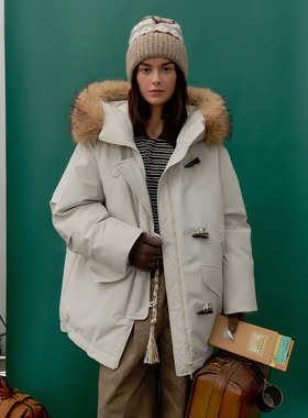 半圆原创女装[运动]2025秋冬宽松休闲派克毛领拼接连帽羽绒服女