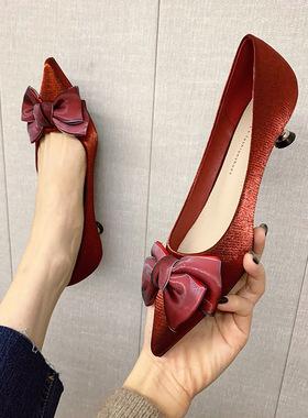 315-3  新款红色高跟鞋3CM新娘秀禾鞋蝴蝶结尖头单鞋女