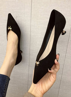 315-7  新款韩版百搭3CM小清新尖头少女法式黑色单鞋女