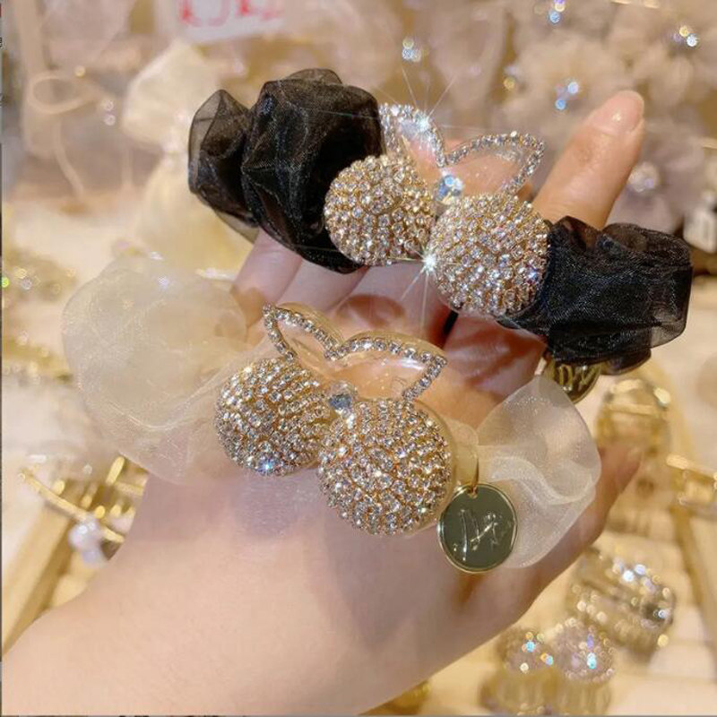 满钻樱桃欧根纱大肠圈水钻韩版超仙成人简约百搭扎头发绳发圈发饰