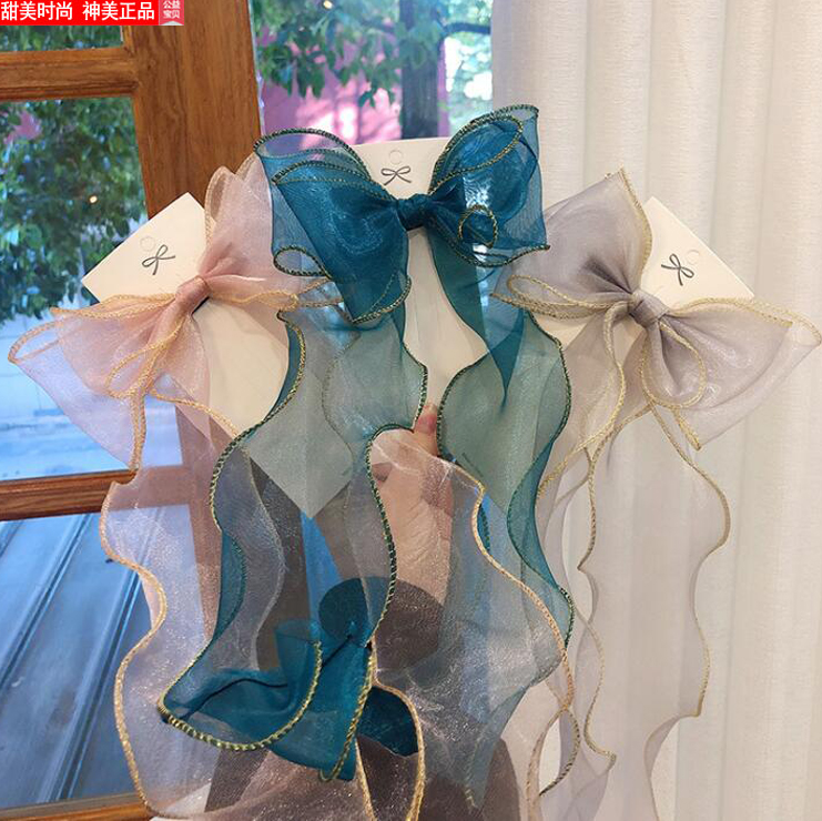 欧根纱长飘带顶夹发饰品大蝴蝶结