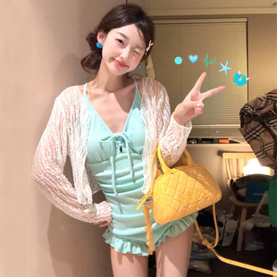 女款连体两件套长袖蕾丝外衫显瘦遮肉甜美泡温泉泳衣大胸比基尼