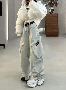 美式浅蓝设计感口袋加绒牛仔裤女冬季新款潮酷高腰弯刀宽松阔腿裤