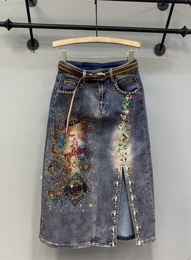 2023秋季新款洋气牛仔裙潮流印花重工烫钻镶钻钉珠绣花半身裙子女