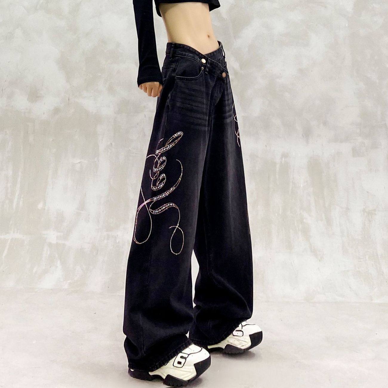 2025爆款秋季高腰图案设计黑色男女同款阔腿直筒刺绣纹理牛仔裤子,女装/女士精品,牛仔裤,淘宝优惠券,粉丝福利购,淘宝优惠卷