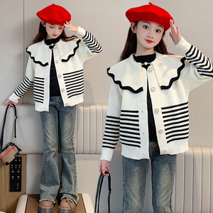 女童针织开衫翻领毛衣2023秋冬装新款中大童休闲儿童外套洋气长袖