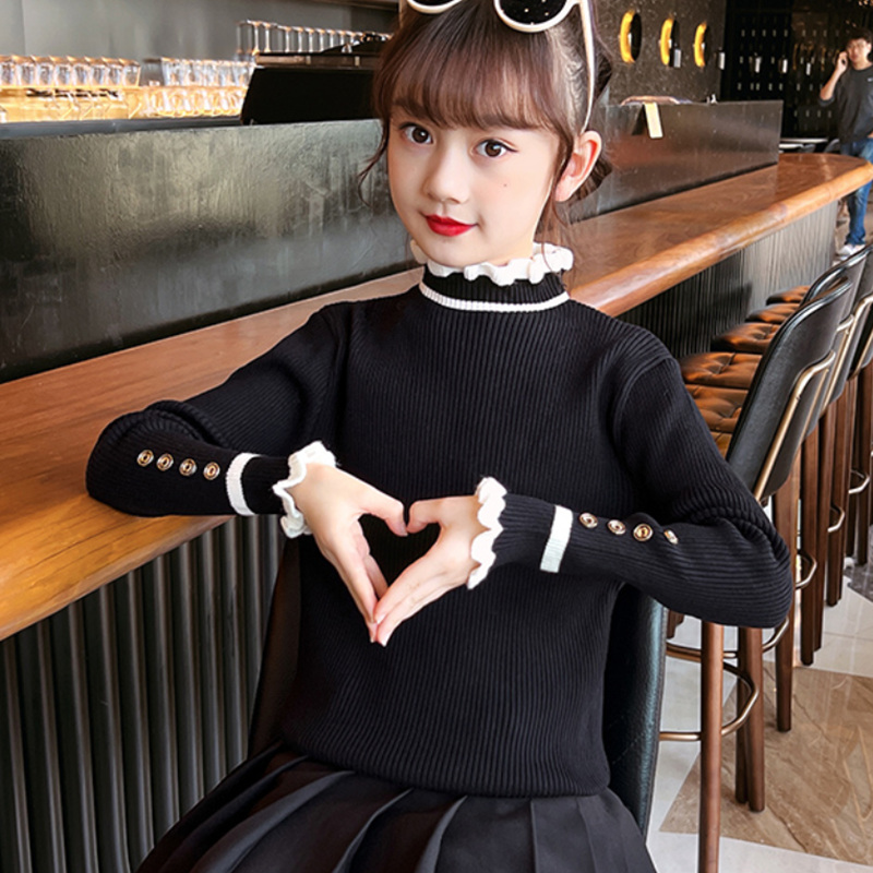 女童毛衣一体绒打底衫纯色针织衫