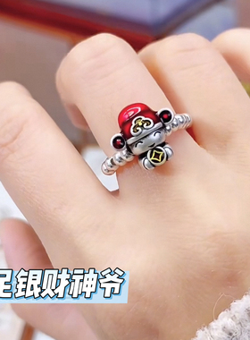 足银999小财神戒指2026年新年戒指招财转运彩色滴胶弹力绳指环
