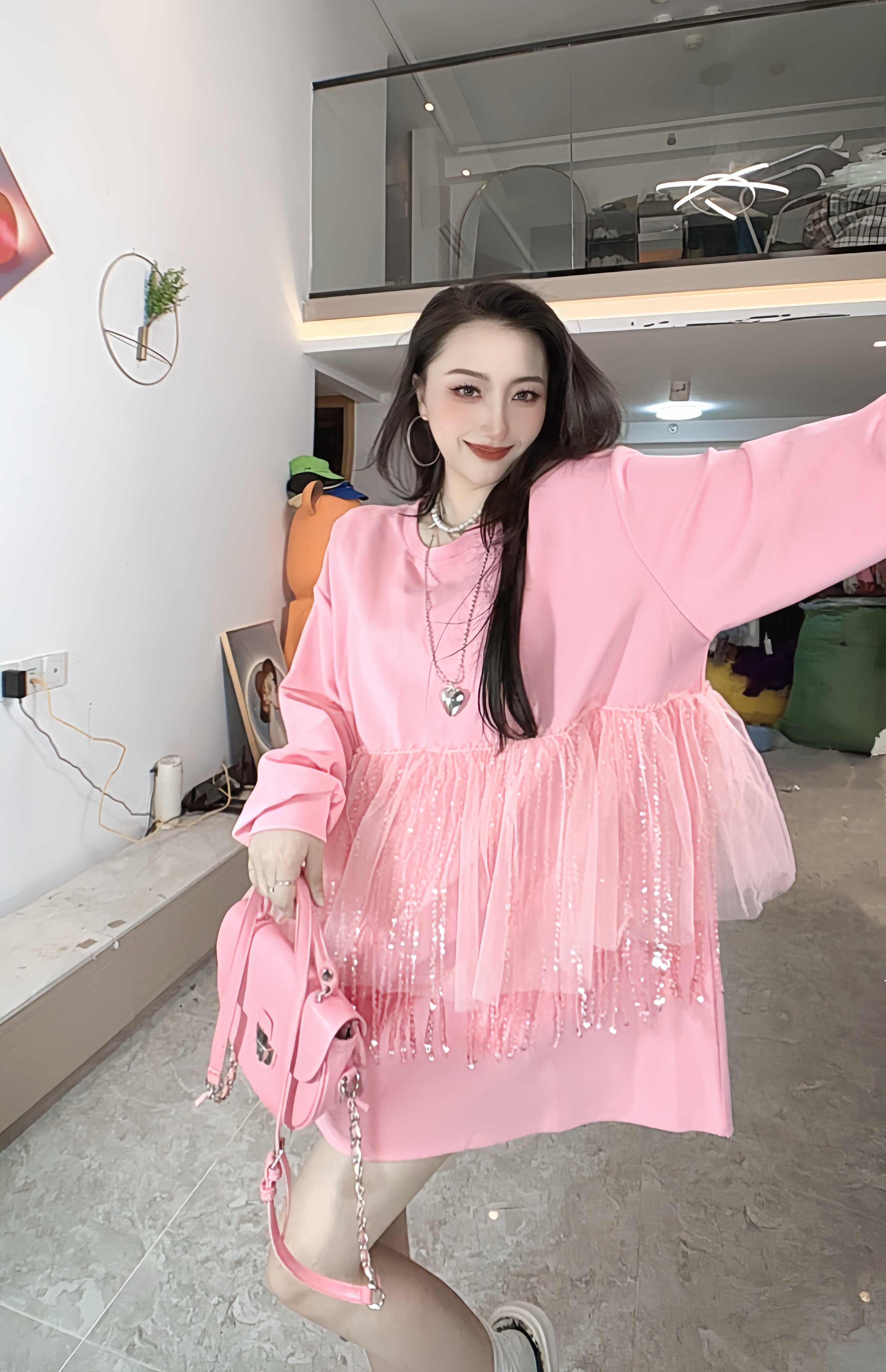 大码女装2025秋季新款胖mm显瘦遮肚长袖拼接纱流苏假两件套连衣裙