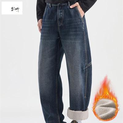 加绒加厚弯刀牛仔裤男士2025秋冬新款美式覆古潮流宽松阔腿长裤子