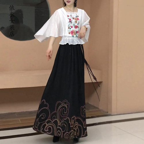 国风汉服套装女刺绣花卉蝙蝠袖披肩上衣半身裙长裙新中式两件套女