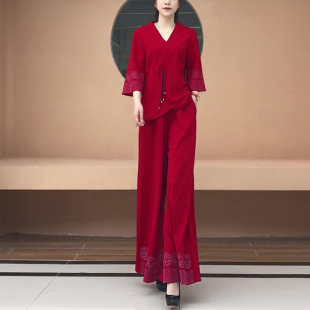 裙裤 女 春季 民族风刺绣阔腿裤 上衣T恤小衫 两件套装 喇叭袖 中式 长裤