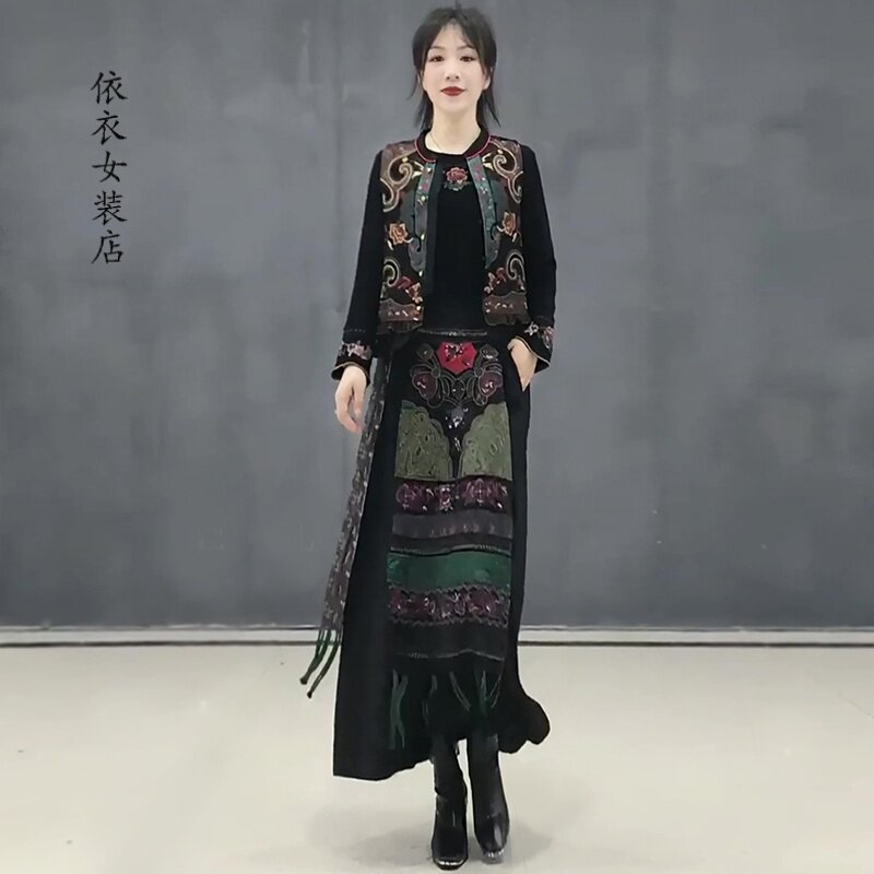 新中式刺绣马甲半身裙两件套装女