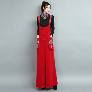 背带裤阔腿裤灯芯绒连衣裤2023秋季新款红色连体裤女气质高腰时尚