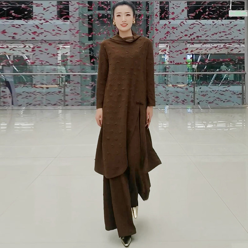 长款开叉衬衫阔腿裤套装女2026年春季新款长袖上衣裙裤长裤两件套