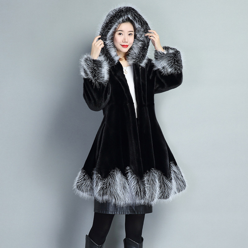 时尚中长款仿貉子大毛领连帽大衣冬季新款裙摆仿水貂毛皮草外套女