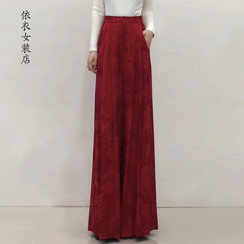 新中式压褶阔腿裤拖地裤长裤子女