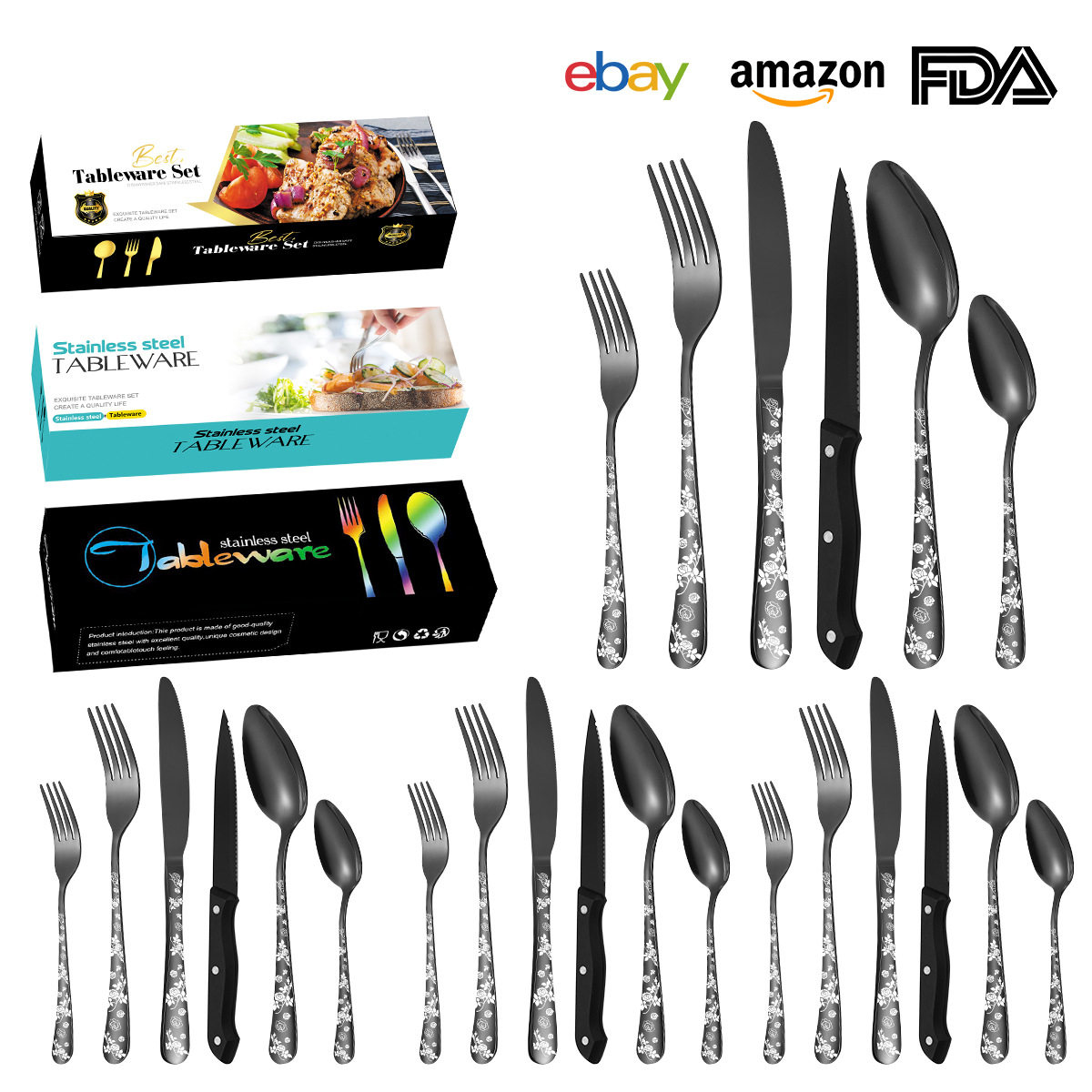 花纹不锈钢餐具套装 亚马逊爆款刻花印花手柄创意新款餐具套装