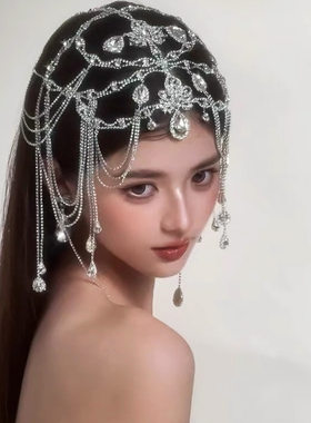 欧美风个性时尚新娘婚纱配饰头饰婚礼宴会高级感超闪满钻流苏发饰