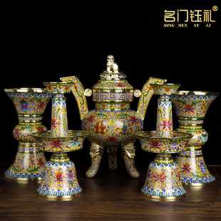 景泰蓝五供摆件景泰蓝花瓶铜胎掐丝珐琅佛具佛堂装 饰品铜香炉烛台