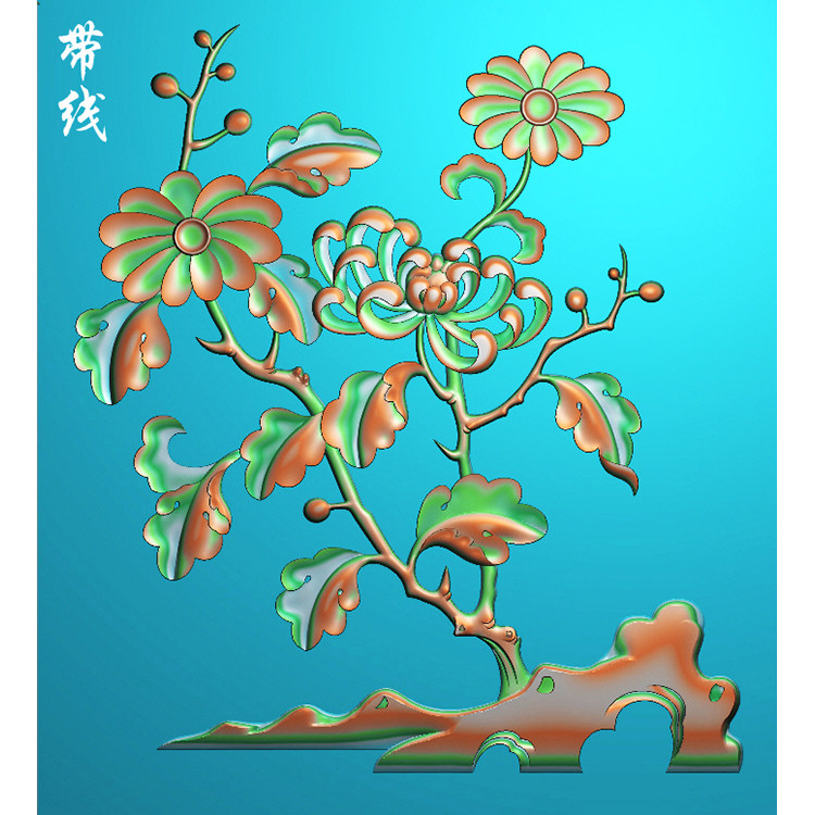 a精雕图菊花花草小柜门方板装饰画浮雕图灰度图木雕砂岩石雕刻图