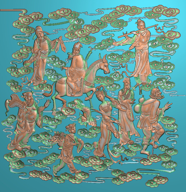 精品八仙过海图精雕图挂匾屏风背景墙木雕玉石雕砂岩雕刻浮雕图