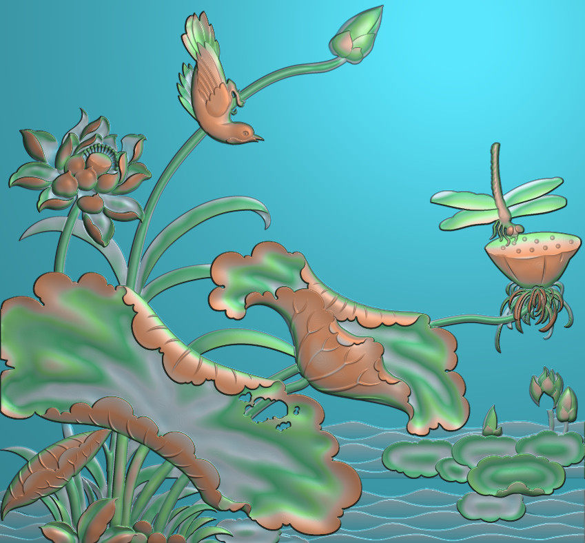 荷花鸟荷叶精雕图屏风背景墙木玉石雕砂岩雕刻浮雕灰度图素材045