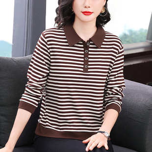 女装 翻领打底衫 妈妈款 t恤女秋季 洋气上衣有领纯棉长袖 中老年时尚