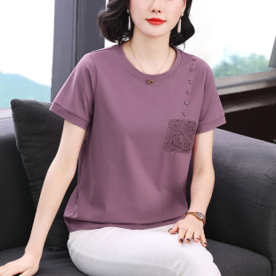 洋气百搭上衣 T恤女夏宽松圆领套头中老年妈妈装 时尚 刺绣纯棉短袖