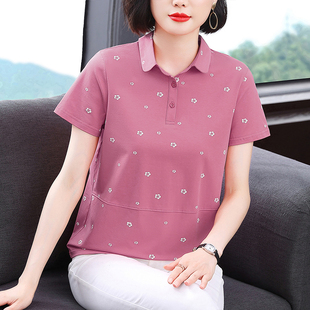 中年POLO衫 年轻妈妈气质夏装 印花半袖 上衣翻领纯棉短袖 t恤女时尚