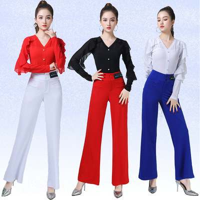 广场舞摩登舞上衣新款女黑色红色荷叶长袖衣飘逸吉特巴舞拉丁舞