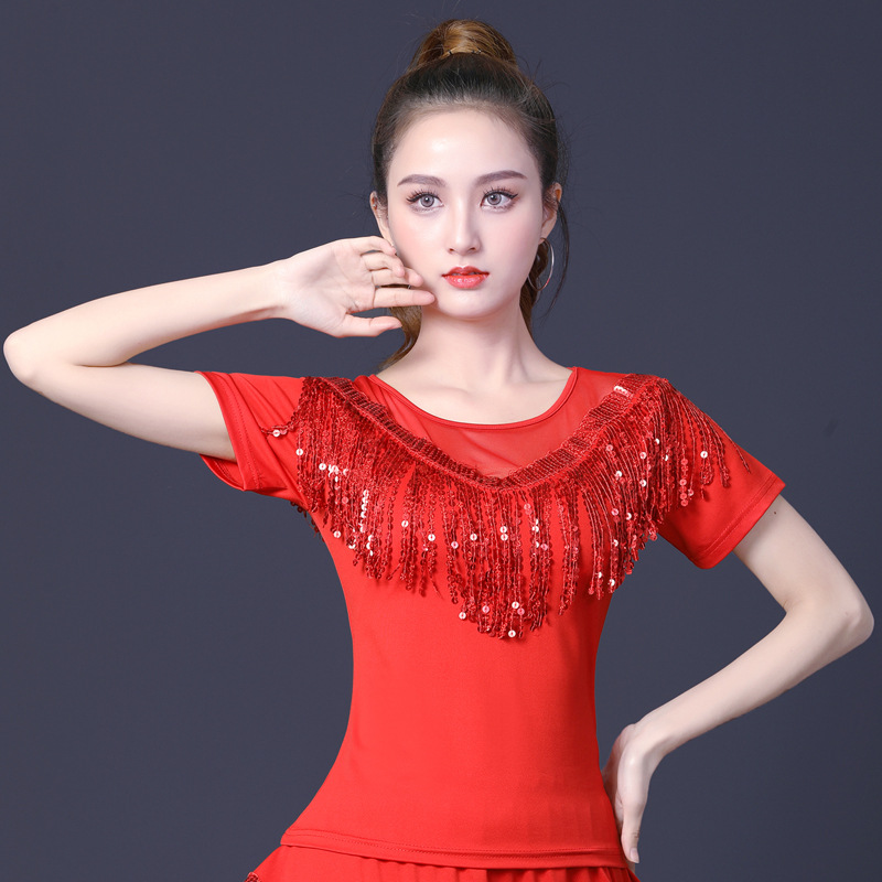 广场舞服装新款夏亮片流苏短袖上衣演出服水兵舞跳舞衣