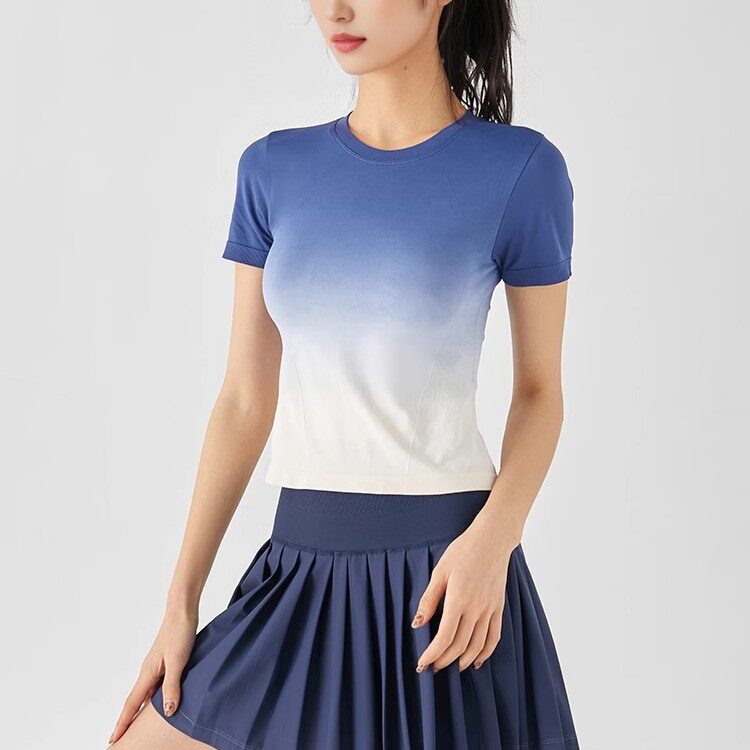 瑜伽服上衣感夏季女运动渐变跑步t桖显瘦速干短袖健身服女