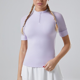 上衣瑜伽服女2854 QCFE户外休闲跑步紧身速干健身服半拉链立领短袖