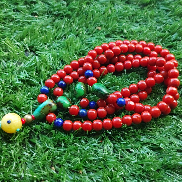 【定出】天然A货原矿老型锦红南红菜籽黄绿松蜜蜡108珠佩玉链