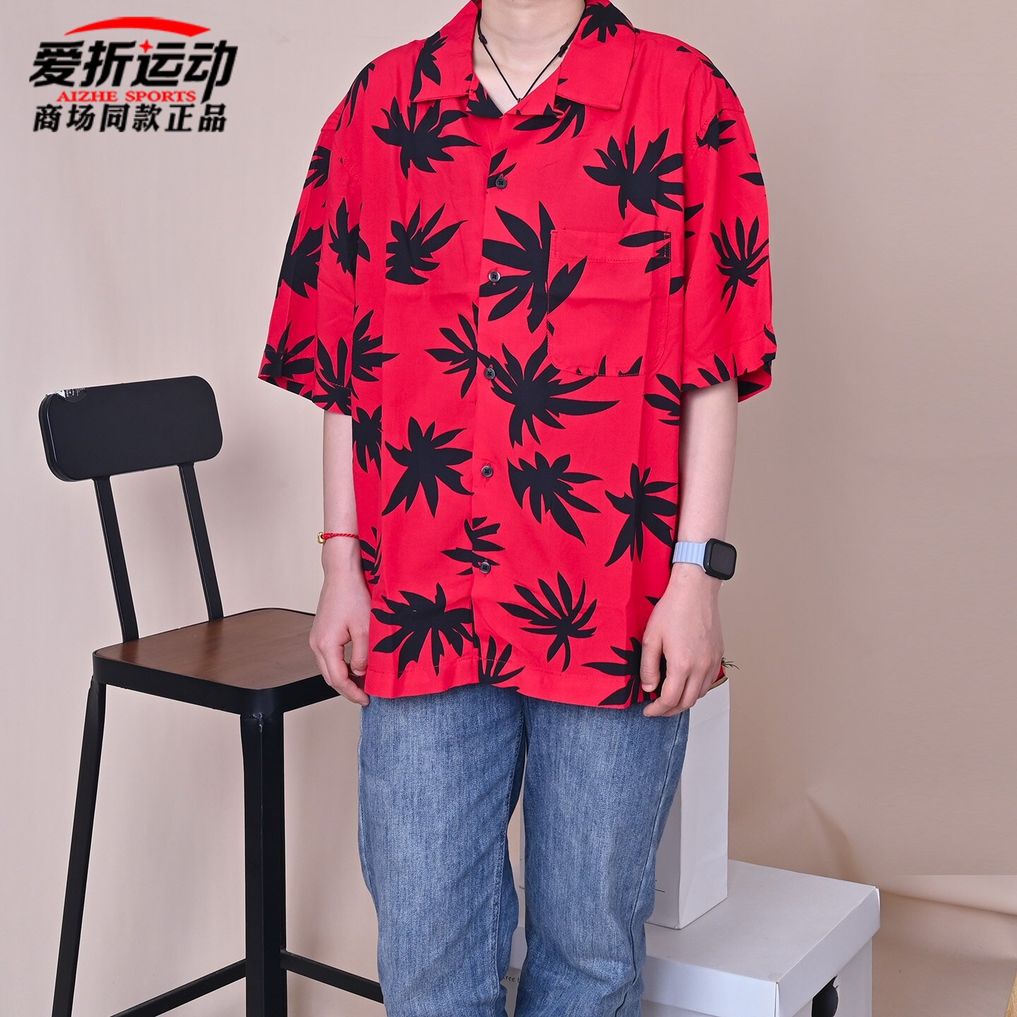 VANS范斯新款男子潮流花衬衫百搭时尚翻领休闲短袖T恤VN000VTKIZQ