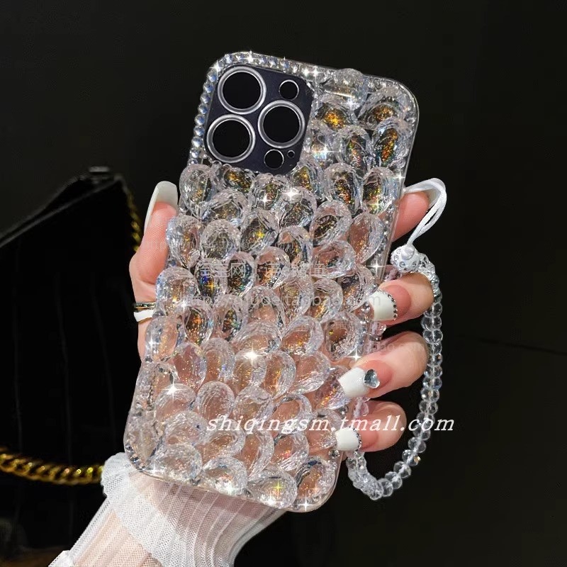 适用苹果16手机壳17镶钻iPhone15金铂14plus时尚13pro奢华女款12高级感11手工带钻XSMax满钻8p孔雀钻7p送手链