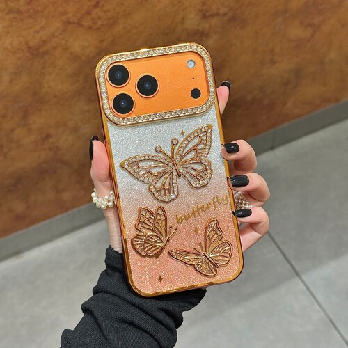 电镀立体点钻蝴蝶适用于iphone17手机壳16promax银色闪粉14plus闪钻苹果13简约保护套