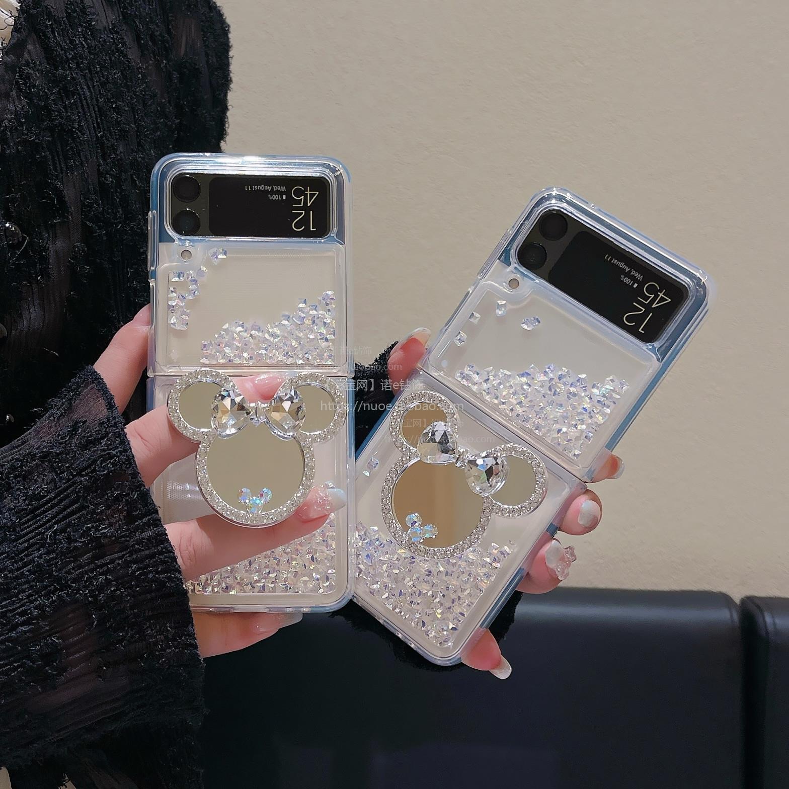 米奇镜子支架立体闪钻流沙壳适用三星zflip4手机壳折叠屏Galaxy Z Flip3手链防摔透明软壳w23flip保护套超