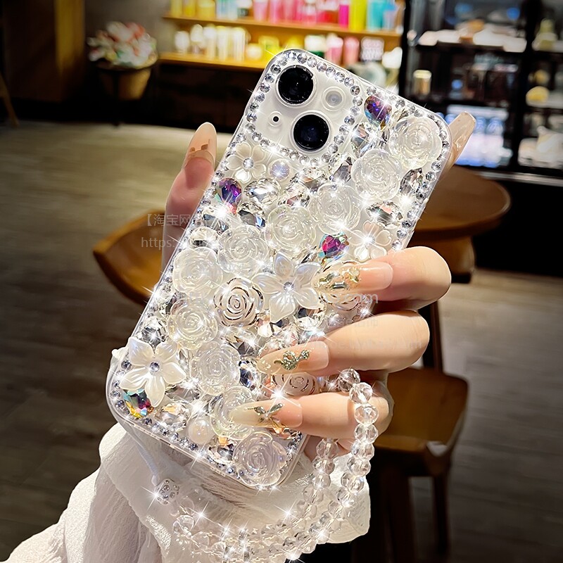满钻花朵适用苹果17透明手机壳14plus软套iphone15防摔16promax全包摄像头8保护13女新款12高档X带挂绳